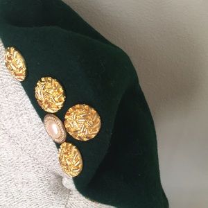 Beret-Retro Wool beret with pearl and gold embellishments.  Forest Green